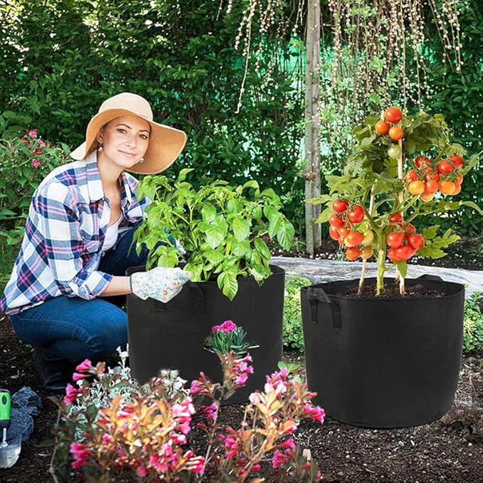 LotFancy 5-Pack 10 Gallon Grow Bags, 300G Thickened Nonwoven Aeration Fabric Pots with Reinforced Handles, Heavy Duty Gardening Planter Containers for Vegetables Flowers Fruits, Black