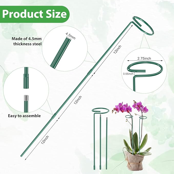Unves 12 Pack Plant Support Stakes, 36 Inch Garden Plant Stakes, Three Sizes(36 or 24 or 12 Inch) Single Stem Plant Cage for Outdoor Indoor Plants, Sunflower, Tomatoes with 100 Pcs Twist Ties