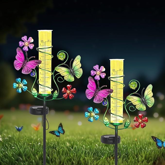 Butterfly Rain Gauge with 6 Inch Plastic Tube, Accurate Rain Gauges Outdoors Best Rated with LED Solar Lights Rain Measure Tool for Garden, Lawn, Patio