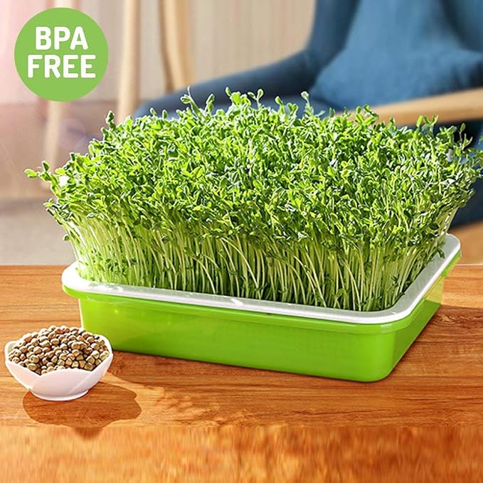 2 Pack of BPA Free Home Microgreen Soilless Hydroponics Seed Sprouter Grow Tray with Cover + Free Spray Bottle and 20 Sheets Growing Paper