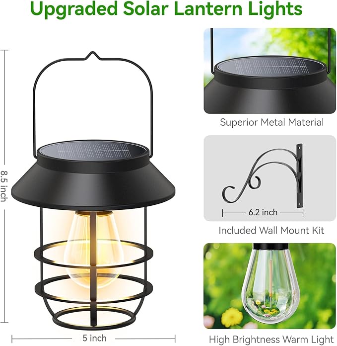 Solar Lanterns Outdoor Waterproof, High Brightness Hanging Solar Lights for Outside with Wall Hooks, Christmas Decor Retro Metal Outdoor Lanterns Auto On/Off for Patio, Yard Decor, Black, 2Pack