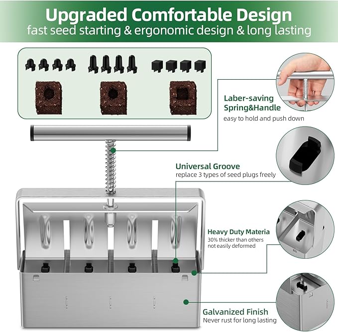 zukakii Soil Blocker 2 Inch 4 Cell Upgraded Soil Block Maker Heavy Duty with Comfortable Handle and 3 Sizes Seed Pins Handheld Soil Blocking Tool for Seed Starting transplanting Germination