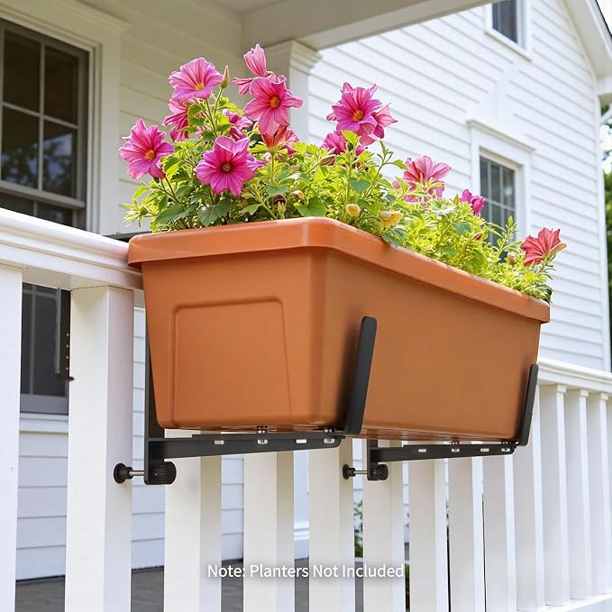 Window Box Brackets, Adjustable Planter Box Brackets, Heavy Duty Iron Flower Box Brackets for Railings, with Enhanced Bottom Support - Perfect for Balconies, Fences, and Gardens (Black, 2 Pack)