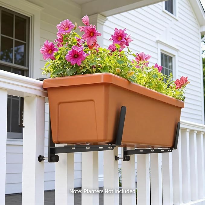 Window Box Brackets, Adjustable Planter Box Brackets, Heavy Duty Iron Flower Box Brackets for Railings, with Enhanced Bottom Support - Perfect for Balconies, Fences, and Gardens (Black, 6 Pack)