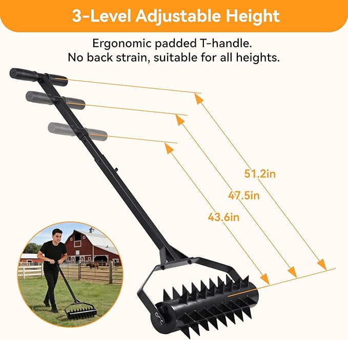 23 Inch Rolling Lawn Aerator - Upgraded Heavy Duty Lawn Aerator Tool with Adjustable Handle Heights, Manual Soil Spike Aerator for Yard and Garden, Water or Sand Fillable for Soil Penetration