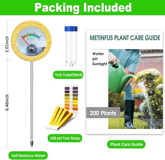 Soil Moisture Meter - Included 200+ Plants Care Guide, 80 pH Test Strips & Sample Tube, Soil Water Tester, Soil Hygrometer Sensor Tool for Garden, Lawn, Farm Plants Care, No Battery Needed