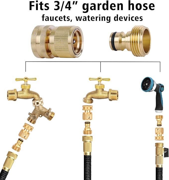 Brass Hose Quick Connect, 3/4 Inch GHT Thread Garden Hose Quick Connector No-Leak Water Hose Quick Connect Fittings Male and Female - 4Packs