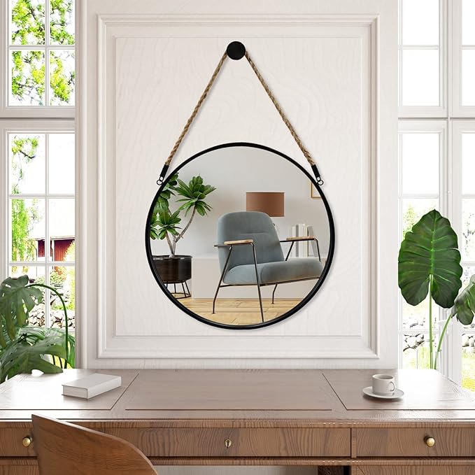 POZINO Round Hanging Mirror with Rope, 20" Farmhouse Decorative Mirror with Black Metal Frame, Circle Wall Mirror for Bathroom, Bedroom, Living Room, Entryway, Fireplace