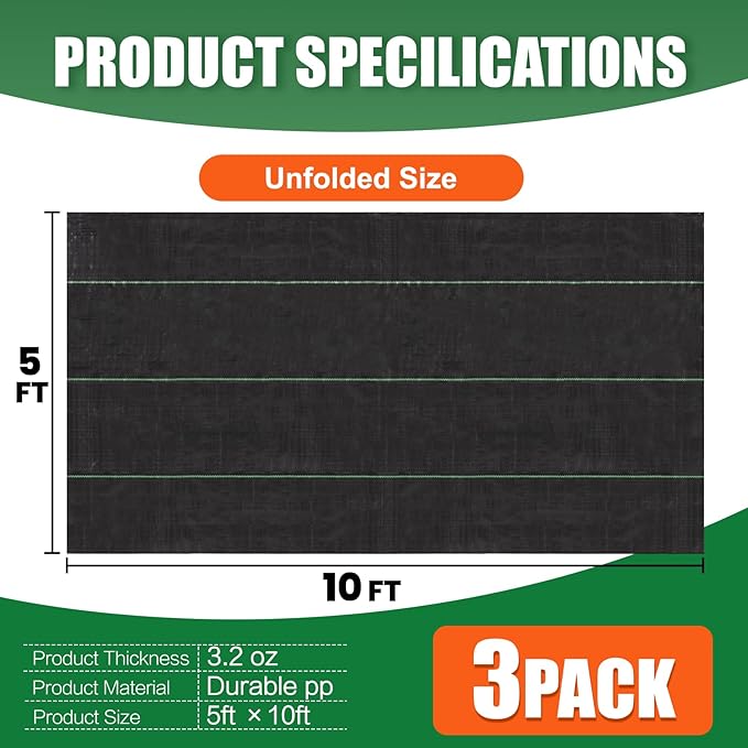 5 x 10 Feet 3 Pack Weed Barrier Fabric Garden Landscape Weed Blocker Woven Fabric Heavy Duty Ground Cover Mat