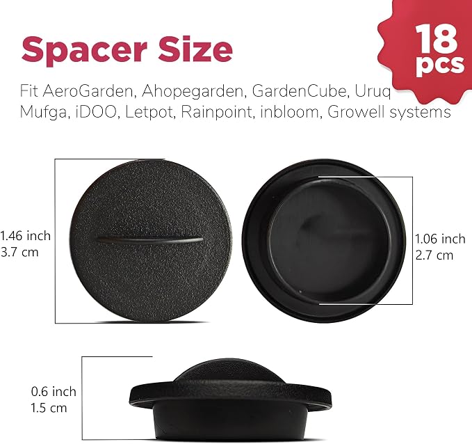 Universal Plant Spacer Caps (18 Pack) Compatible with Aerogarden, Ahopegarden, GardenCube, iDOO, Mufga, Letpot and Other Hydroponics Growing System Kit, Pod Cover Lids for Indoor Garden Kit, Black