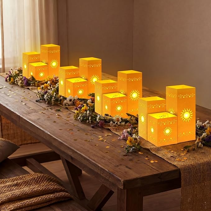 12 Pcs Princess Sun Lantern Centerpieces for Table 3 Size Gold Princess Birthday Cutout Paper Lantern Boxes with Tea Light Candle for Sun Birthday Baby Shower Decor(Cubic)