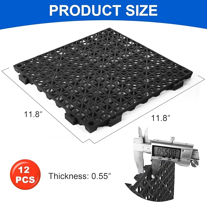 MYFAMIREA Modular Interlocking Cushion 12 Pack 11.8" x 11.8" Rubber Floor Tiles Non-Slip Splicing Drainage Mats for Deck, Pool, Outdoor Shower, Patio, Balcony, Indoor Bathroom, Kitchen (Gary Black)