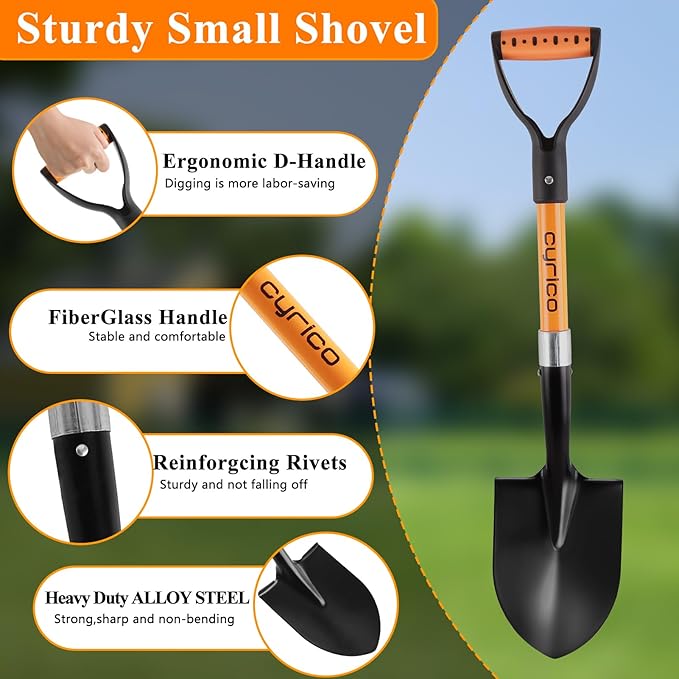 Cyrico 28 Inch Shovel for Digging, Heavy Duty Round Point Garden Shovel with D-Handle Fiberglass Handle, Portable Small Shovel for Gardening Landscaping Camping Snow Removal Beach Car Emergency Tool
