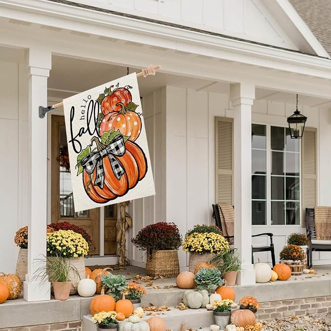 CROWNED BEAUTY Fall Welcome Pumpkins House Flag for Outside 28x40 Inch | Weather resistant, double-sided Large yard flag. Features three pumpkins for outdoor seasonal fall decor