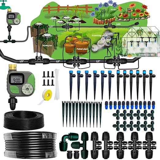 Drip Irrigation System with Water Timer for Garden,Main ID 1/2inch 16.5Ft and 1/4inch 96Ft Water Hose, Watering System Sufficient Water Pressure, Irrigation Dripper Waterflow Evenly Easy DIY Green