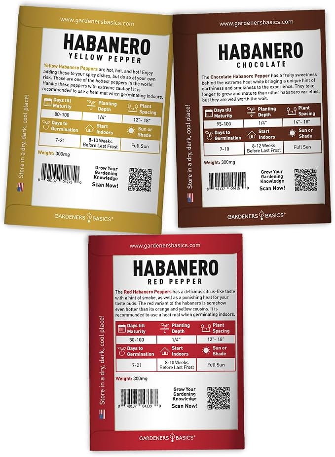 Gardeners Basics, Habanero Pepper Seeds for Planting - 5 Varieties Pack Hot Pepper Seeds, Red, Orange, Yellow, Chocolate, White Habanero Seeds Non GMO, Heirloom Garden Seeds