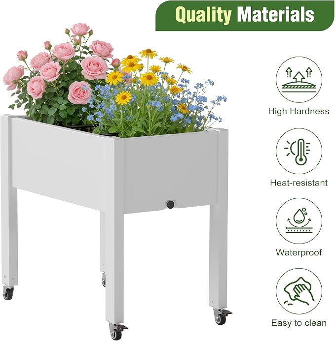Elevated 26.3" Tall Raised Garden Bed with Wheels - Outdoor Mobile Resin Planter Box with Drainage Holes for Vegetables Flower Herbs, Weather Resistant, Cool White (26.3" h)