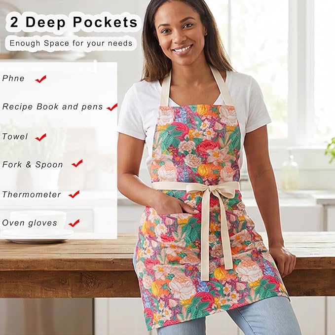 DILLMAN 2 Pack Floral Aprons with Pocket Blooming Womens Waterproof Adjustable Cooking Aprons Kitchen Gardening Salon