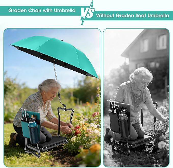 2-in-1 Garden Kneeler with Umbrella, Garden Kneeling Bench & Aqua Umbrella, Portable Garden Stool Loads Capacity 330lb and Garden Tools Bag with bottle holder, Gardening Gifts for Women,Men,Seniors