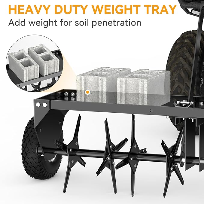 YINTATECH 48" Lawn Aerator Tow Behind, Pull Behind Plug Aerator for Lawn Tractor with Universal Hitch, 32 Galvanized Steel Tines, Tray & Inflatable Wheels, Black