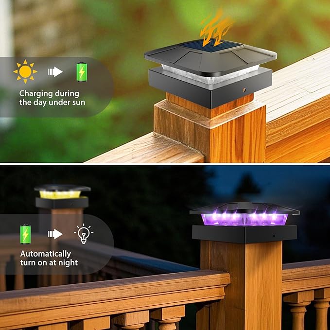 Peasur 4x4 Solar Post Cap Lights Outdoor RGB Color Changing, 4 Pack LED Post Top Light Solar Powered Waterproof, Fence Deck Lighting for Wood/Vinyl Posts for Outside Porch Yard Railing