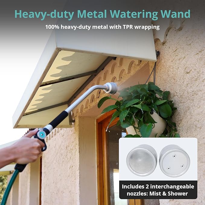 QUOBAS 24" Watering Wand with Interchangeable Spray Head, Garden Hose Sprayer Nozzle with Shower & Mist Modes, Thumb Control Long Reach Hose Nozzle for Plants & Lawn