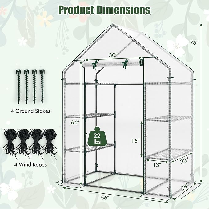 Giantex Walk-in Greenhouse, 4 Tier 8 Shelves, Portable Plant Garden House Indoor Outdoor Mini Growing House for Herb Flower Succulent, Zipped Door, Metal Frame (Clear)