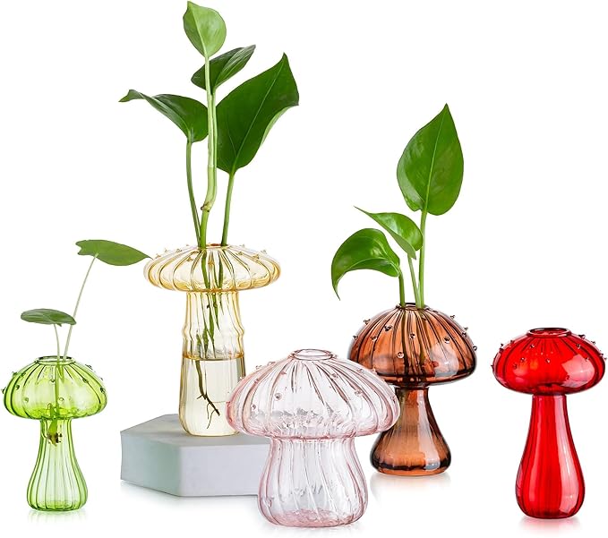 Glasseam Mushroom Plant Propagation Station: 5pcs Colored Glass Mini Terrarium for Plants, Cute Small Propagation Vases for Flowers - Unique Hydroponic Indoor Planters Gifts for Women's Room Decor