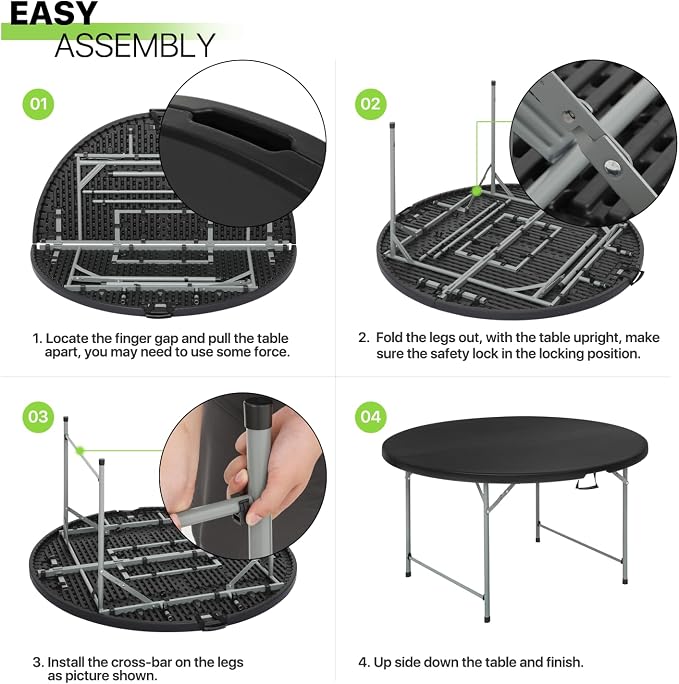 Magshion 65" Round Folding Table, 5 Feet Bi-Folding Plastic Commercial Dining Card Table w/Carrying Handle for Outdoor Wedding Party Event Picnic, Black