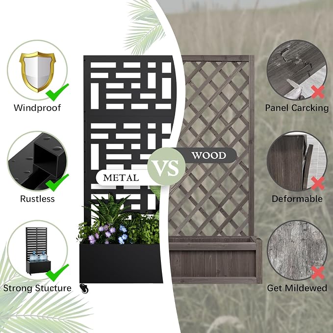 Baotree Metal Raised Garden Bed with Trellis and Wheels, 72"x 35"x 16" Privacy Planters for Patio, Planter Box with Drainage Holes for Climbing Plants, Flower, Vegetable (Black-Helen)