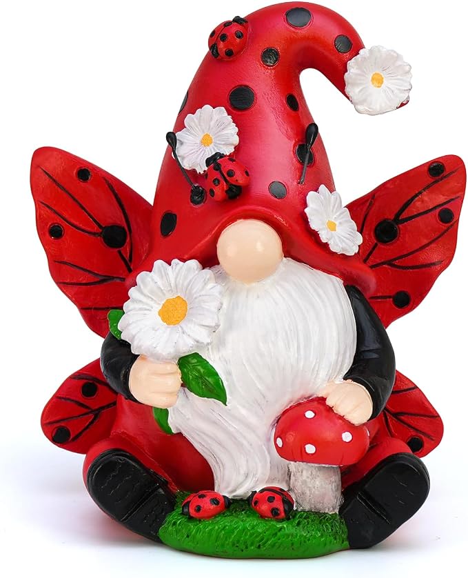 Ladybug Gnome Garden Decor, Fairy Garden Gnome Figurine with Flowers, Spring Summer Outdoor Decorations for Yard Lawn Patio, Ladybug Gifts for Women