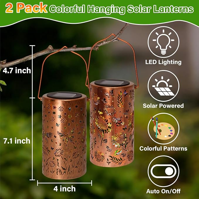 2Pack Colorful Solar Lanterns Outdoor Waterproof, Garden Decor Gifts for Women Mom Grandma - LED Sunflower and Butterfly Solar Powered Lights Metal Hanging Lantern for Outside Garden Patio Yard Porch