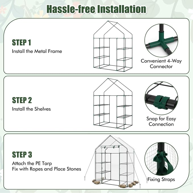 Giantex Walk-in Greenhouse, 4 Tier 8 Shelves, Portable Plant Garden House Indoor Outdoor Mini Growing House for Herb Flower Succulent, Zipped Door, Metal Frame (Clear)