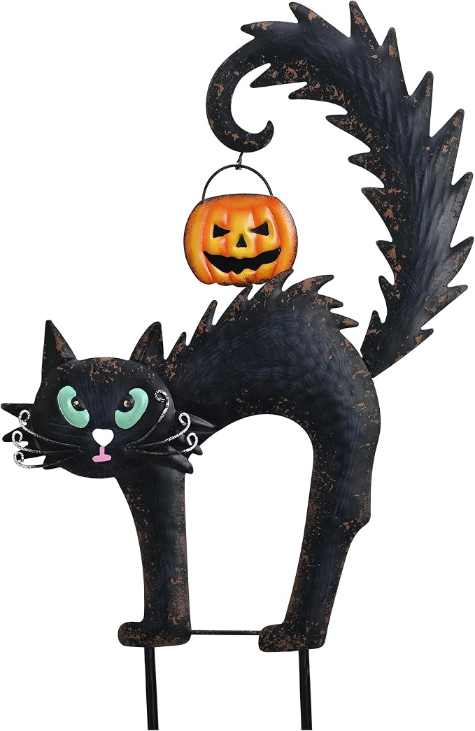TERESA'S COLLECTIONS Halloween Garden Stake,Metal Black Cat with Jack-o'-Lantern Solar Light Decor,Spooky Yard Art Sign for Lawn Patio Porch,25"