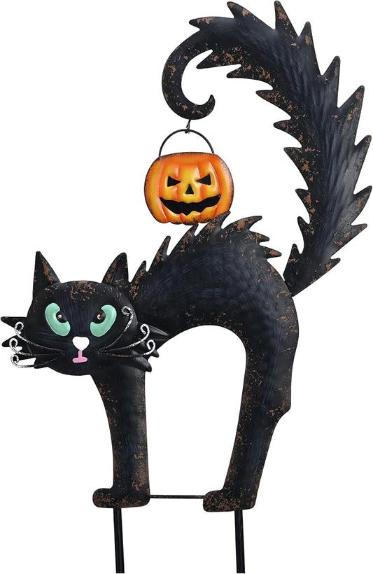 TERESA'S COLLECTIONS Halloween Garden Stake,Metal Black Cat with Jack-o'-Lantern Solar Light Decor,Spooky Yard Art Sign for Lawn Patio Porch,25"