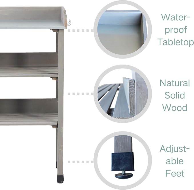 Potting Bench Table, All-Weather Garden Table Work Station, Wood Outdoor Potting Table for Garden, Yard, Balcony, Easy Assembly (Grey)
