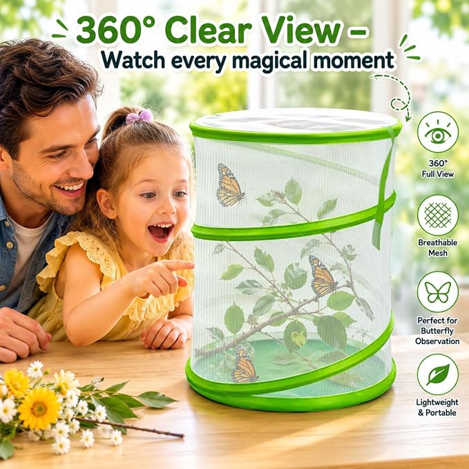 Butterfly Habitat Mesh Cage，12" x 14" Pop-up Breathable Insect Bug Net Butterflies Cage Tall (Green)