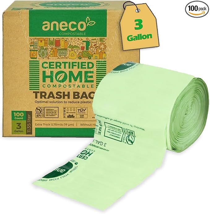 ANECO 100% Compostable Food Waste Bags 3 Gallon, 100 Count, Extra Thick Compost Bags for Countertop Bin, Small Compost Bag, Food Waste Bags with TUV OK Compost Home and BPI certified