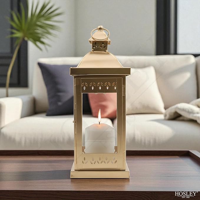 Hosley 15 Inch High Large Clear Glass Iron Classic Style Lantern Gold. Ideal Gift for Parties Weddings Aromatherapy and LED Spa Settings 05