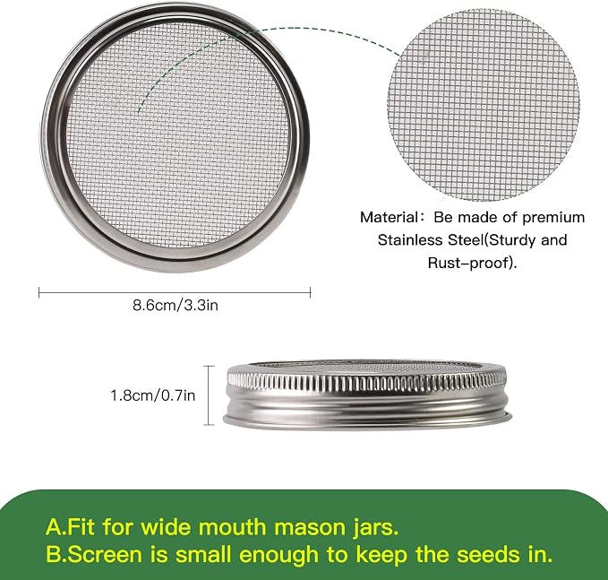Sprouting Lids Growing Kit - 316 Stainless Steel Sprouting Lids for 86mm Wide Mouth Mason Jar with Adjustable White Stands - Organic Sprouts, Broccoli, Alfalfa Mung Bean Sprout Kit (Set of 4)