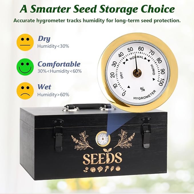 Seed Storage Box with Built-in Hygrometer, Natural Bamboo Seed Saving Box with Seal Design Lid, Safety Lock & Solid Handles, Extra Seed Envelopes and Labels – Great Gift for Gardeners (Black)