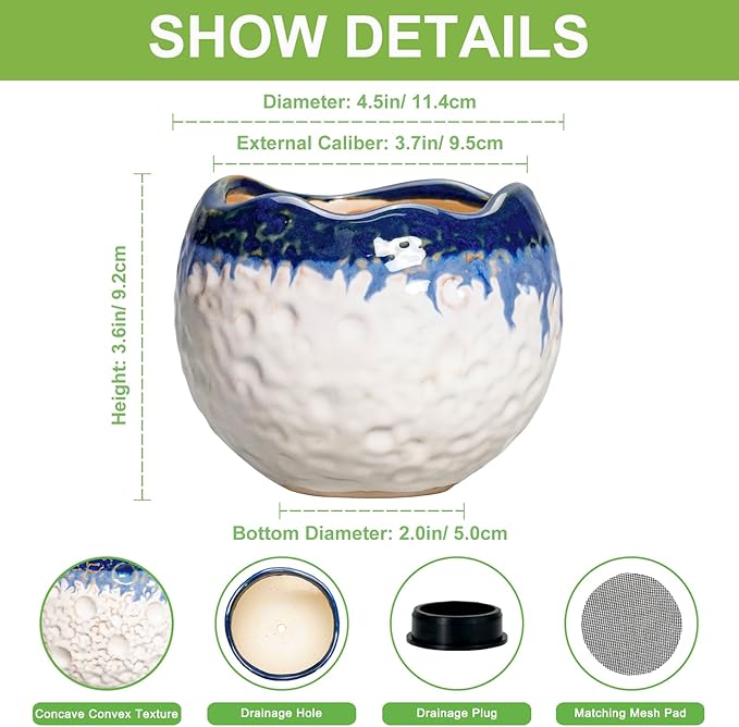 4 Inch Plant Pots - Ceramic Pots for Plants with Drainage Hole and Plug, Round Planters for Indoor Outdoor Plants, Modern Unique Flower Pots, Home Living Room Decor, Garden Gift, Beige-Blue