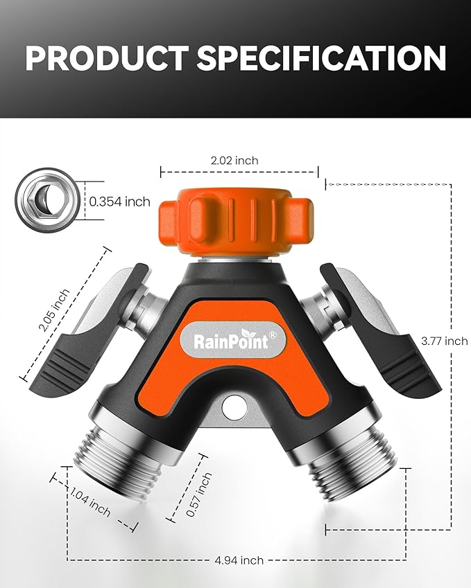 RAINPOINT Garden Hose Splitter 2 Way, All Metal Heavy Duty Water Hose Y Splitter With 2.05" Extra Long Side Handle & Shut Off Valves, 3/4 Inch GHT Thread Connector For Outdoor Spigot Faucet (Orange)