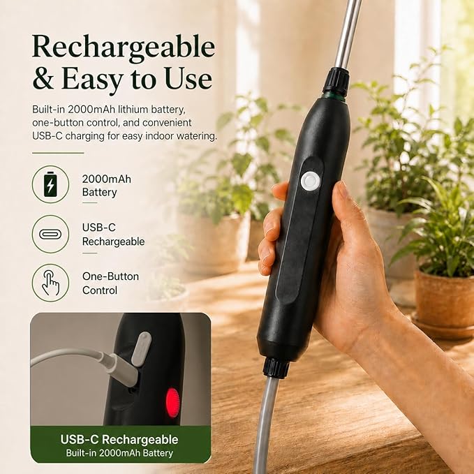 High Reach Plant Waterer for Indoor Plants, Electric Hanging Plant Waterer with 25.6"–35.4" Telescoping Watering Wand, 2000mAh Rechargeable Indoor Plant Watering Device with 6.8 ft Hose & Spray Nozzle