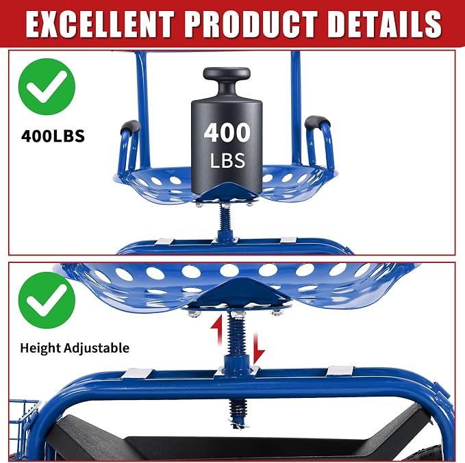 Rolling Garden Cart Workseat with Wheels, 360 Degree Swivel Gardening Stool, Extendable Steering Handle, Tool Tray, 10-Inch Inflatable Tires, Reinforced Steel Frame