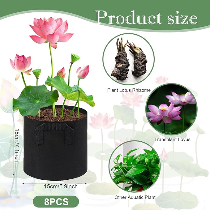 8Pack Lily Plant Pots for Pond, Thickened Nonwoven Plant Fabric Pots with Handles, Durable Breathe Reusable Fabric Plant Bags for Aquatic Plants, Potato, Carrot, Onion, Flower