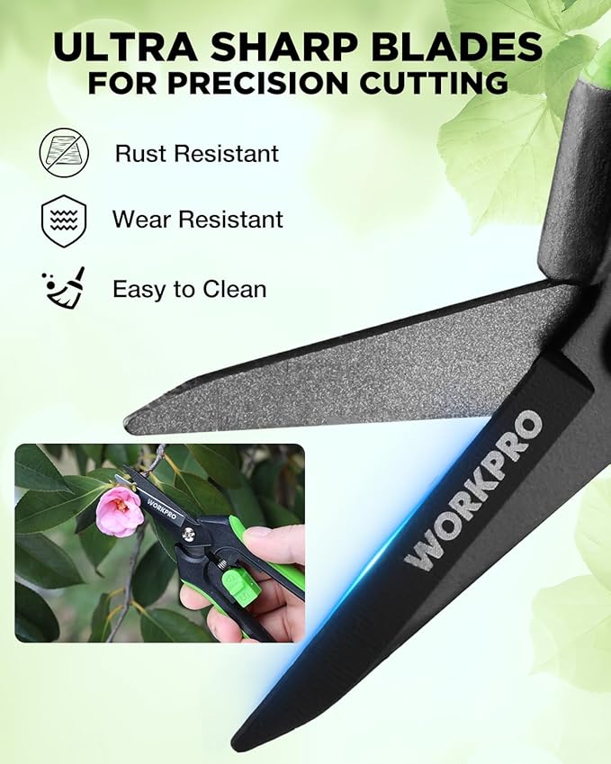 WORKPRO 2-Pack 6-Inch Garden Pruning Shears, Sharp High-Carbon Steel Harvest Snips with Nonstick Coated Blade, Spring-Loaded Gardening Scissors with Safety Lock for Flower, Fruit & Vegetable Picking