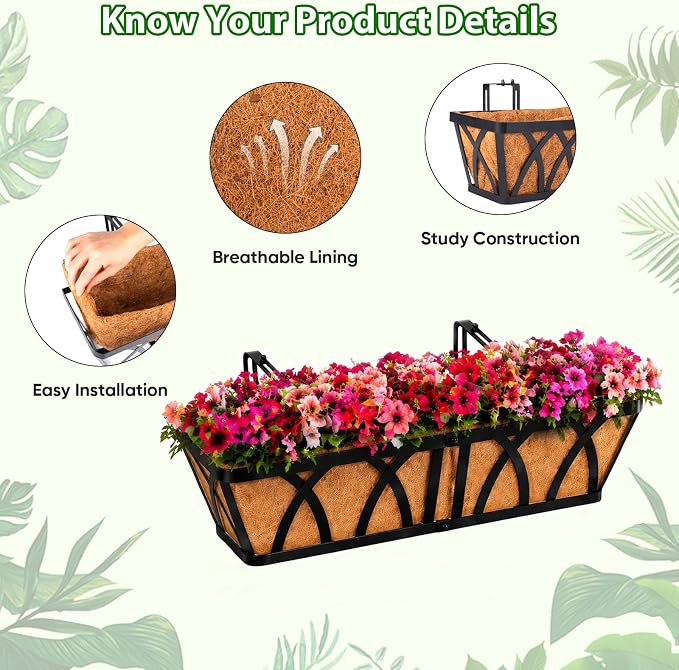 LCHUANG Deck Railing Planter Window Box - 3 Pack 24 Inch Deck Balcony Rail Planter with Coconut Coir Liner, Fence Metal Hanging Flower Planter Basket Deck Railing Planter Boxes for Outdoor Lawn