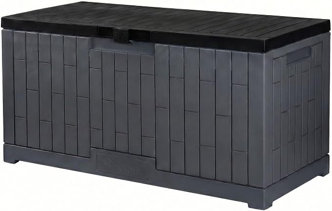 YITAHOME Large Deck Box 120 Gallon Resin Outdoor Storage Box with Slide-Locking Lid, Patio Storage Bin Bench Seat for Outdoor Pillows, Garden Tools and Pool Supplies, Waterproof Lockable, Dark Gray