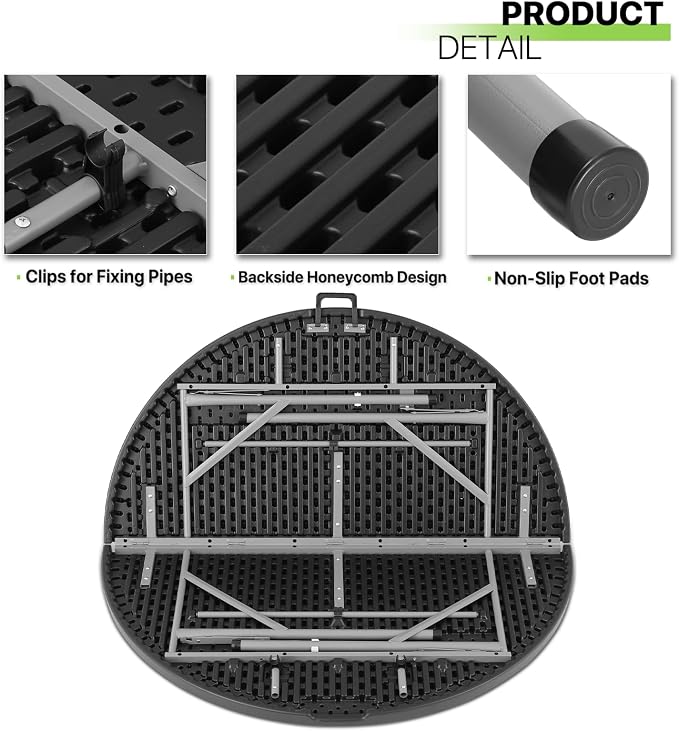 Magshion 53" Round Folding Table, 4.5 Feet Bi-Folding Plastic Commercial Dining Card Table w/Carrying Handle for Outdoor Wedding Party Event Picnic, Black
